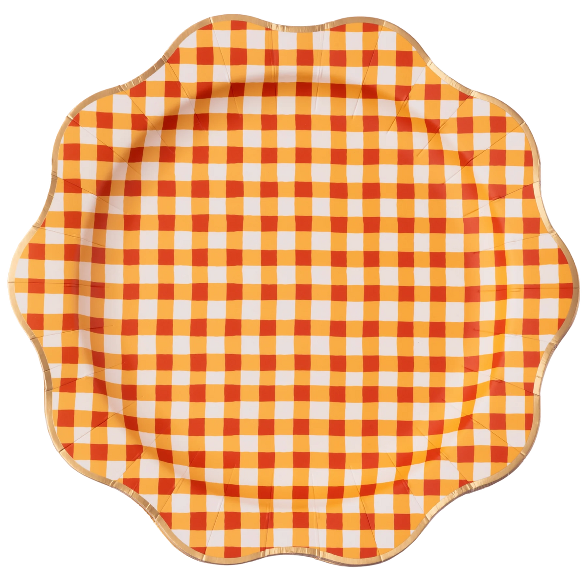 Isolated front view of the Elegant Fall Plaid 10.75" dinner plate in orange gingham with gold rim.