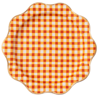 Isolated front view of the Elegant Fall Plaid 10.75" dinner plate in orange gingham with gold rim.