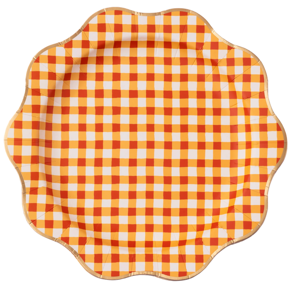 Isolated front view of the Elegant Fall Plaid 10.75" dinner plate in orange gingham with gold rim.