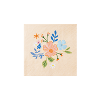 Elegant floral cocktail napkin with pastel flower design on peach background.
