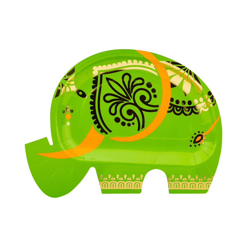 Lime green elephant plate with black and gold motifs—sturdy party supplies.