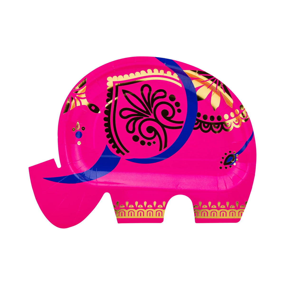 Bright pink elephant Diwali Plate with blue accent and gold foil details.