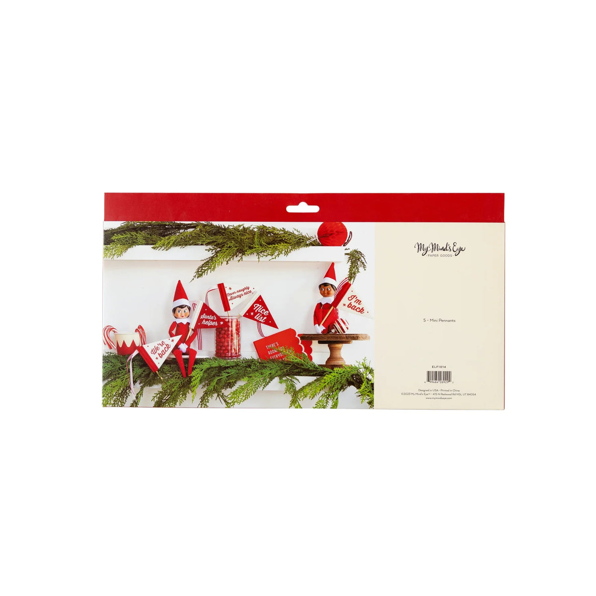 Packaging of Elf Mini Felt Pennant Flags set with five red and white designs for Elf on the Shelf.