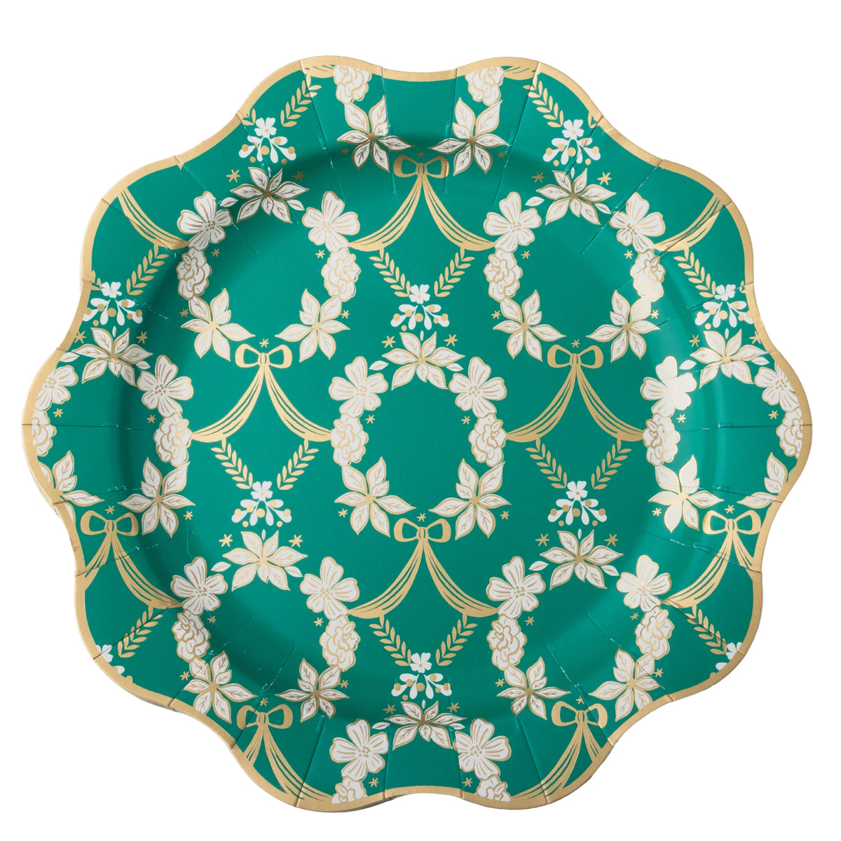 Emerald green dinner plate with an ornate gold floral Rococo pattern and scalloped edge, shown top-down