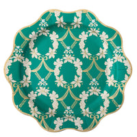 Emerald green dinner plate with an ornate gold floral Rococo pattern and scalloped edge, shown top-down