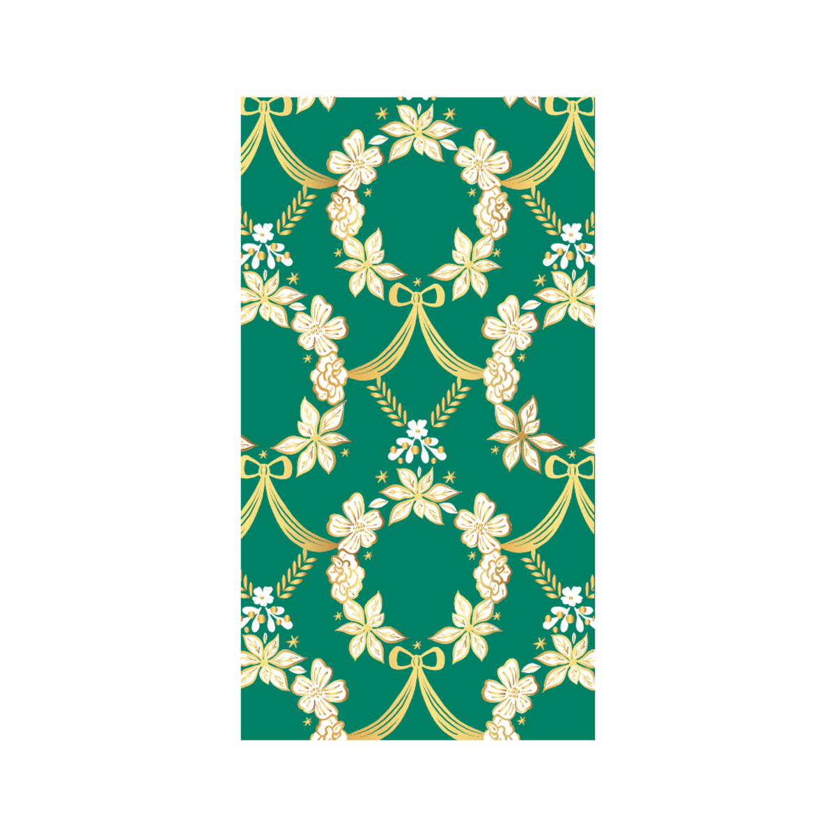 Emerald green guest towel with an ornate gold floral Rococo pattern of wreaths, poinsettias, bows, and swags