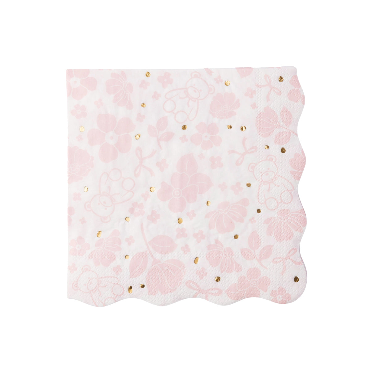 Close‑up of a single scalloped Emma Bear lunch napkin, highlighting the pink floral pattern, tiny teddy bears and metallic gold foil dots on white paper.