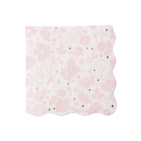 Close‑up of a single scalloped Emma Bear lunch napkin, highlighting the pink floral pattern, tiny teddy bears and metallic gold foil dots on white paper.