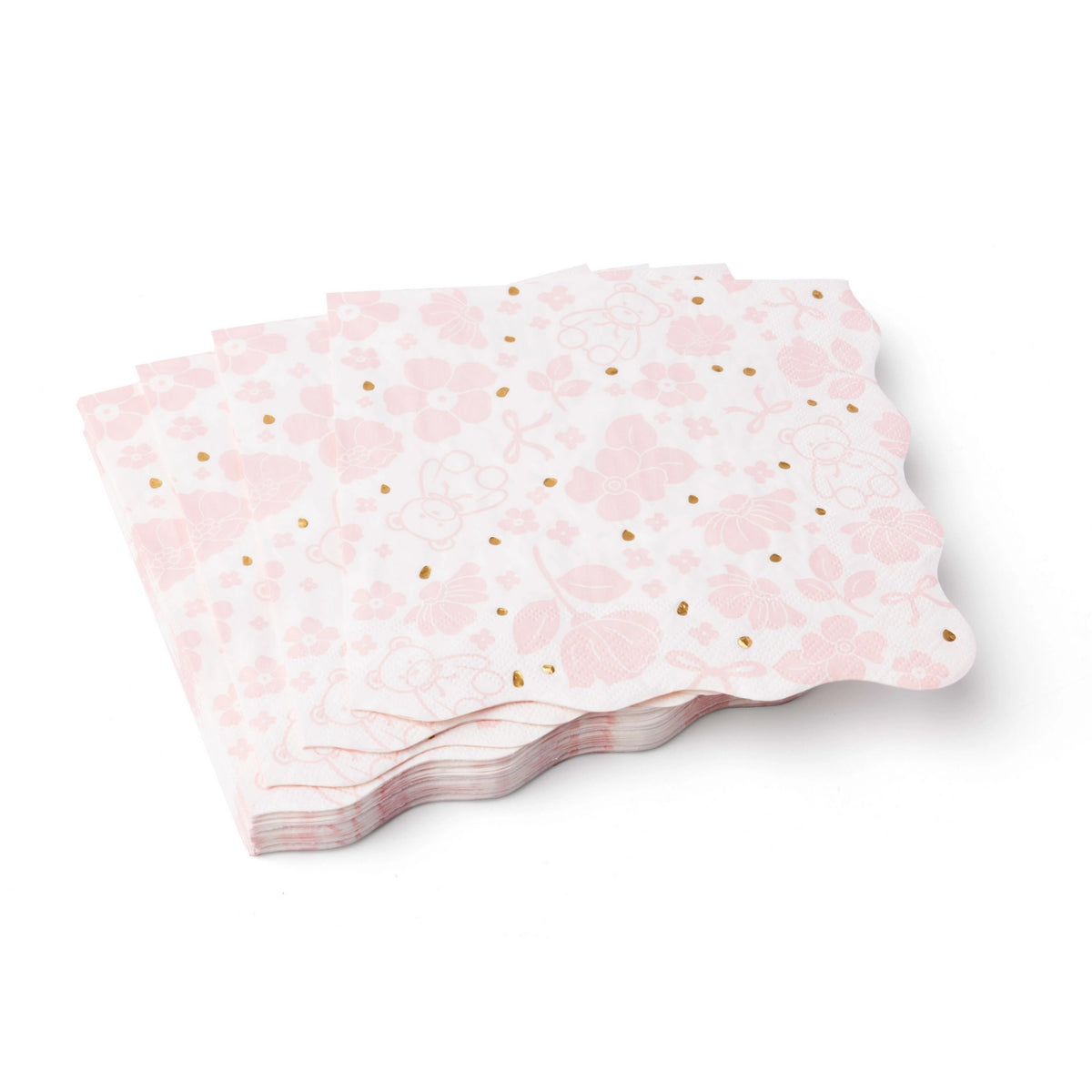 Angled stack of scalloped pink floral lunch napkins highlighting 3‑ply thickness and foil speckles.