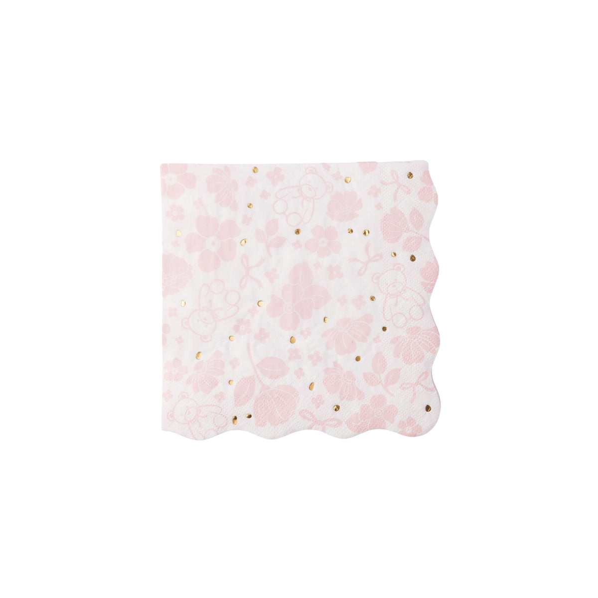 Close‑up front view of blush napkin with pale pink flowers, teddy bears and gold foil dots.