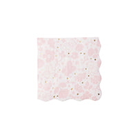 Close‑up front view of blush napkin with pale pink flowers, teddy bears and gold foil dots.