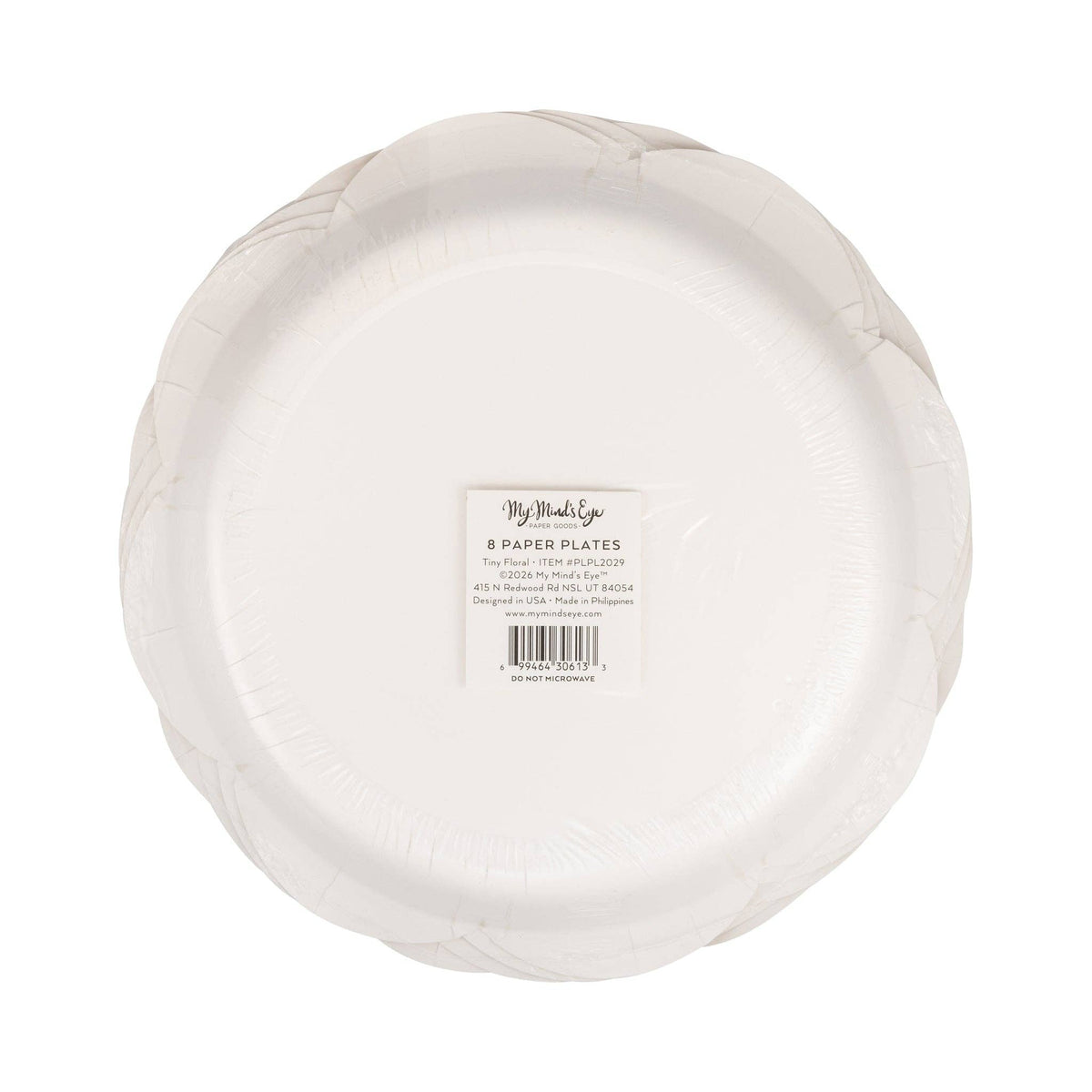The back of the My Mind's Eye 8-pack scalloped paper plates packaging, part of the Grandmillennial Easter collection.