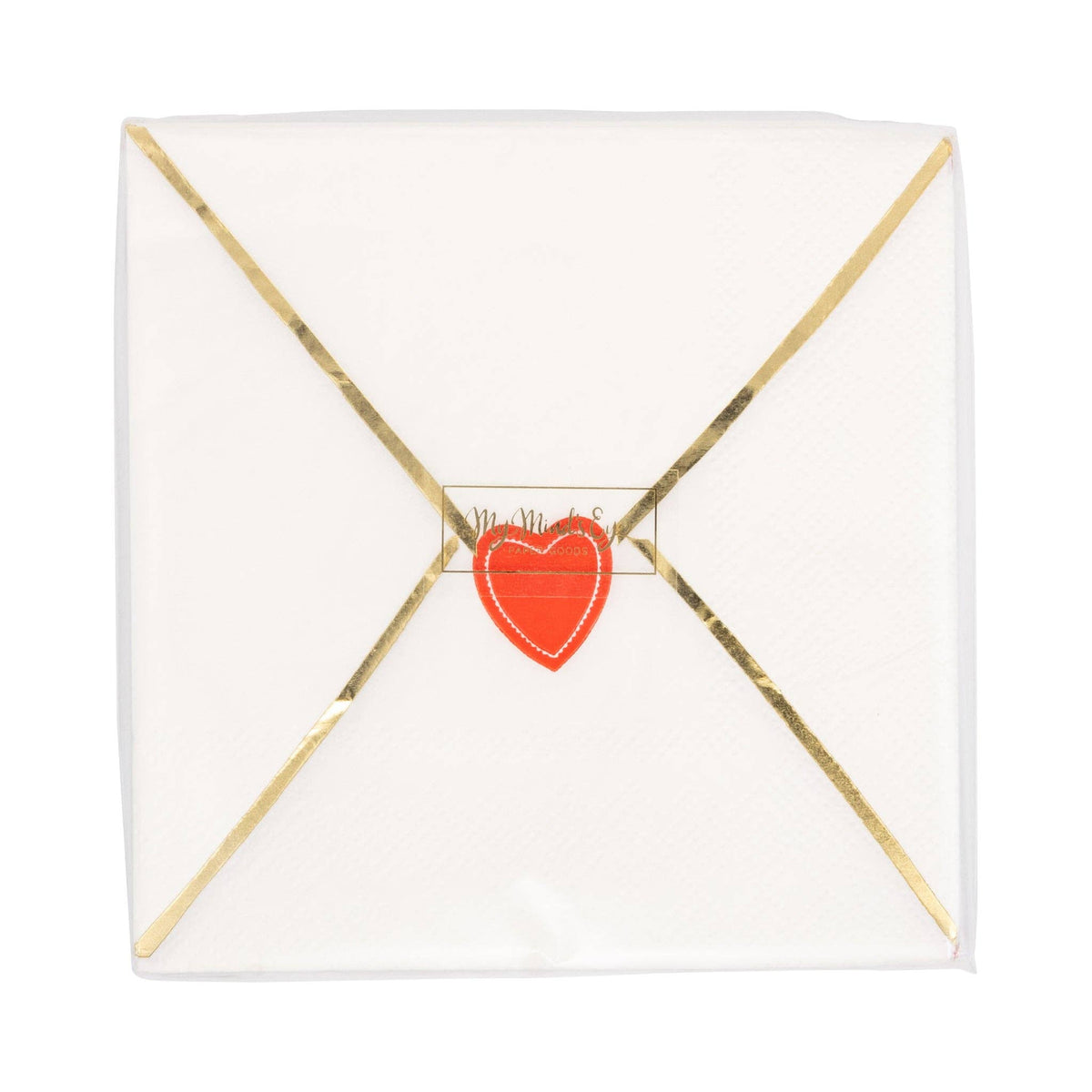 Stack of envelope shaped dinner napkins wrapped in clear packaging