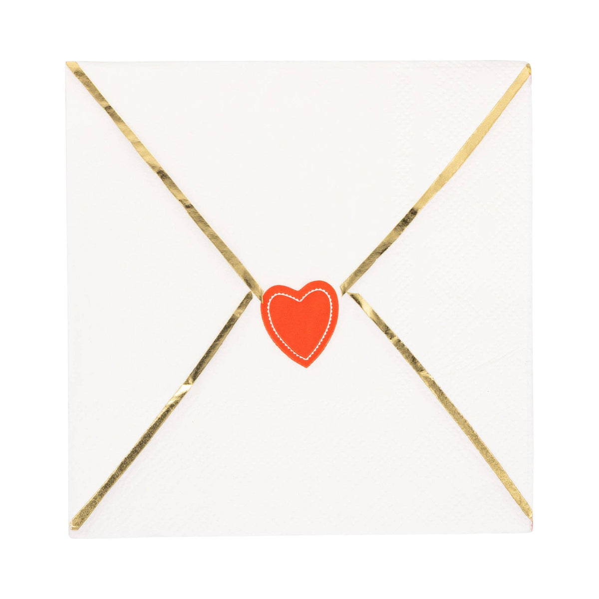 Envelope shaped dinner napkin with red heart seal and gold foil details