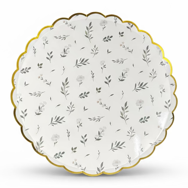 eucalyptus floral large plate with gold scalloped edge
