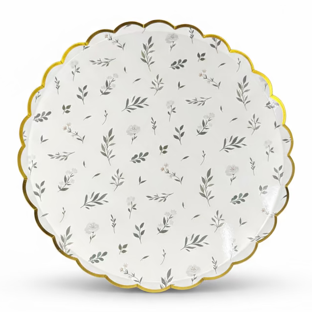eucalyptus floral large plate with gold scalloped edge
