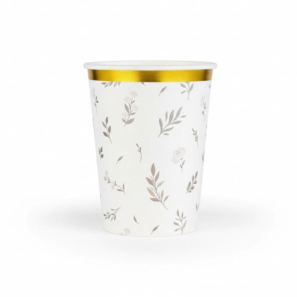 eucalyptus paper cup with gold rim and floral greenery design
