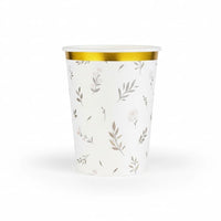 eucalyptus paper cup with gold rim and floral greenery design
