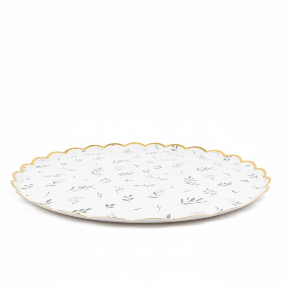 side view of eucalyptus greenery paper plate with gold trim
