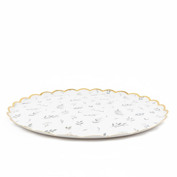 side view of eucalyptus greenery paper plate with gold trim
