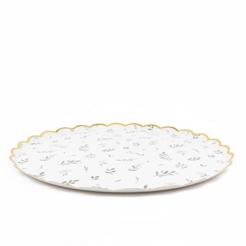 side view of eucalyptus greenery paper plate with gold trim
