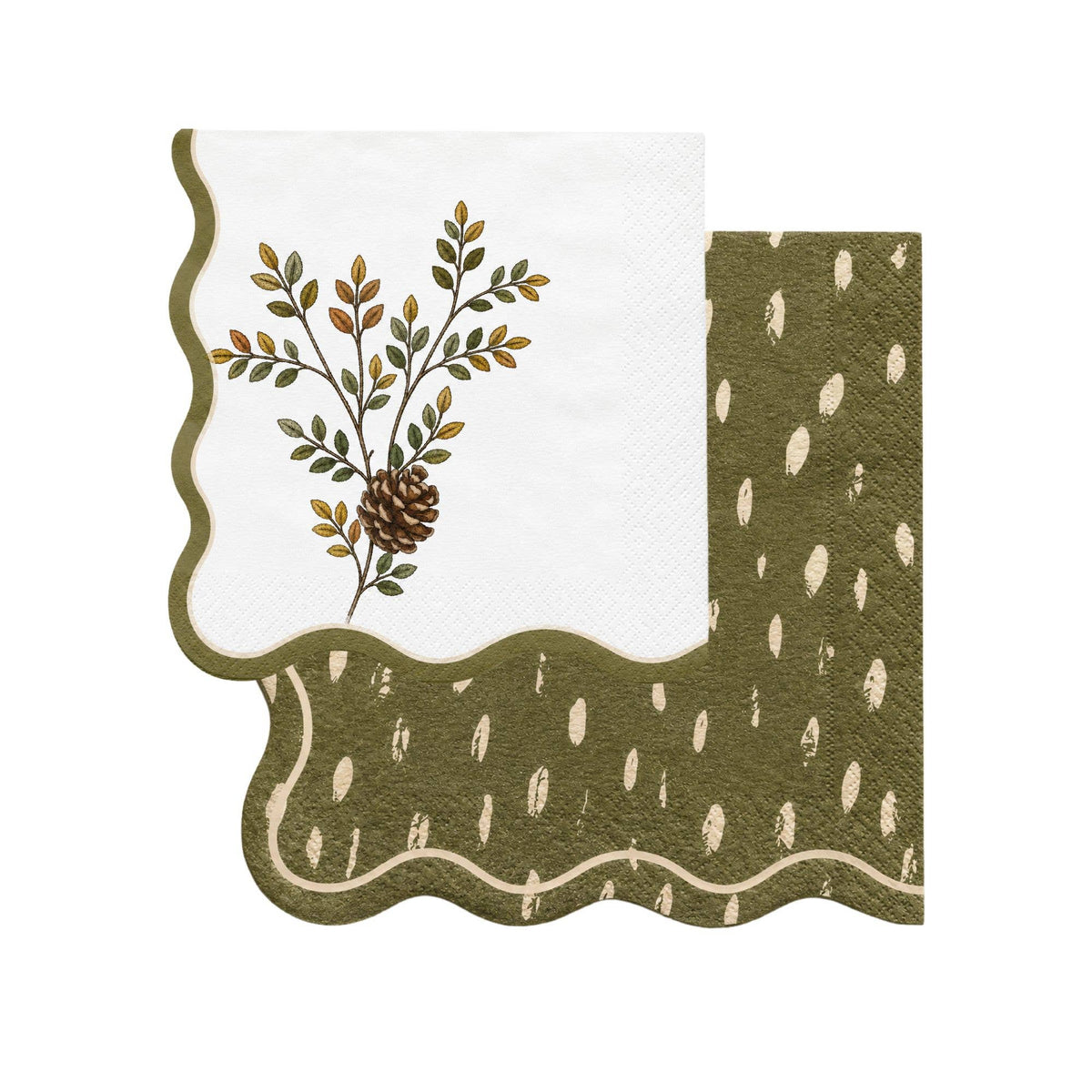 Evergreen pinecone cocktail napkin layered with an olive dapple-dot wavy-edge napkin.