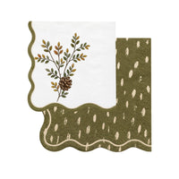 Evergreen pinecone cocktail napkin layered with an olive dapple-dot wavy-edge napkin.