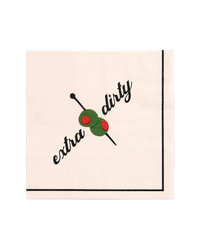 Single extra dirty martini paper napkin showing olive pick design and pinstripe border on a pink background