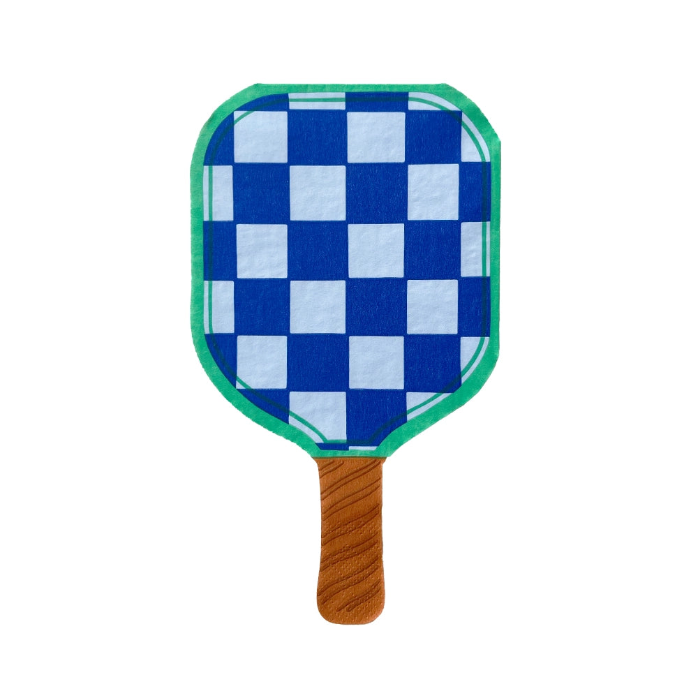 Isolated paddle napkin in royal‑blue checkerboard pattern with emerald border and woodgrain handle.