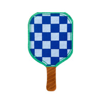 Isolated paddle napkin in royal‑blue checkerboard pattern with emerald border and woodgrain handle.