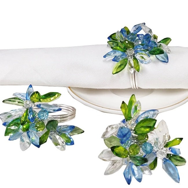 Blue and green jeweled napkin ring on a silver napkin ring - perfect for a Spring table or Mother's Day Brunch decor. They come in a set of 4 napkin rings.