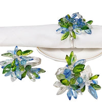 Blue and green jeweled napkin ring on a silver napkin ring - perfect for a Spring table or Mother's Day Brunch decor. They come in a set of 4 napkin rings.
