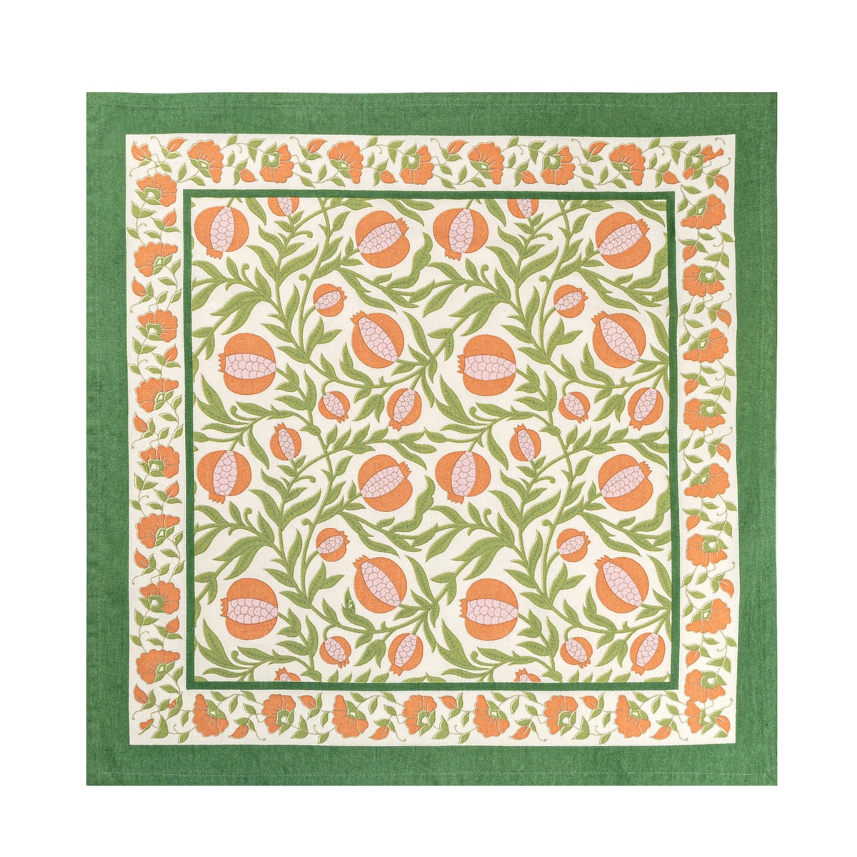 floral cloth napkin in green and orange pomegranate design - perfect for a spring table or an Easter tablescape. These are lovely spring Napkins.
