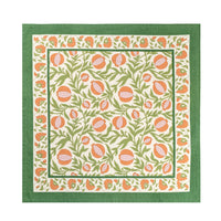 floral cloth napkin in green and orange pomegranate design - perfect for a spring table or an Easter tablescape. These are lovely spring Napkins.