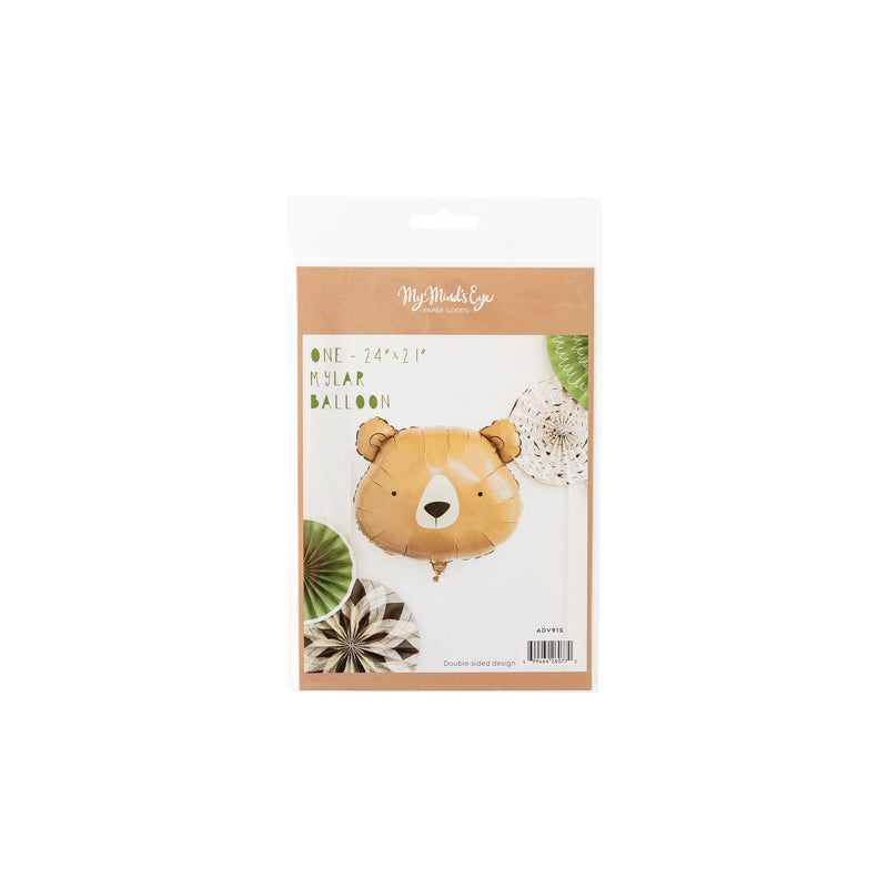 Front of bear head mylar balloon packaging showing the product image and dimensions (24” x 21”).