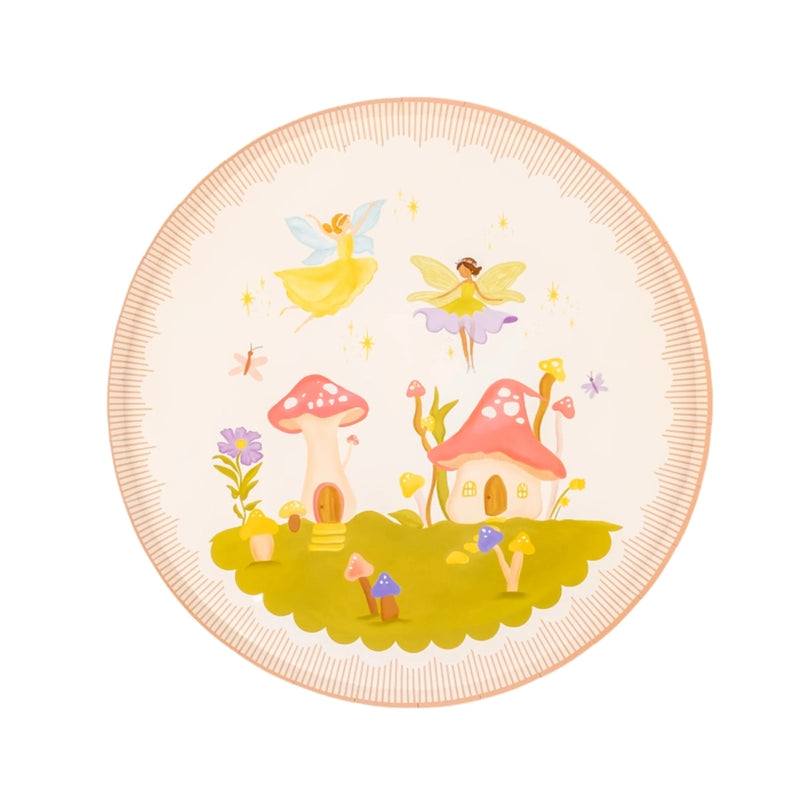 Full artwork with flying fairies over mushroom houses.