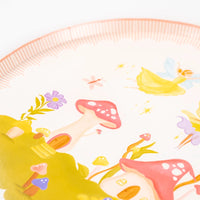 Close-up of fairy garden plate with pink toadstools—perfect for a fairy birthday party.