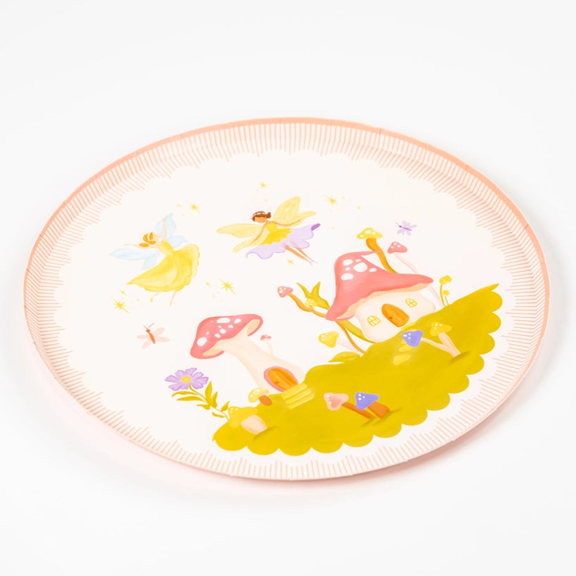Single fairy garden dinner plate with blush scalloped border.