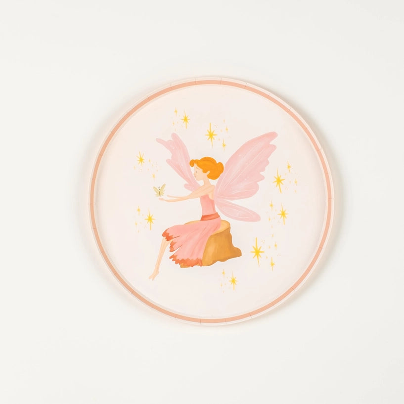 Single plate with pink fairy sitting on toadstool—dessert size.