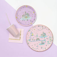 Fairytale small plates styled with pink party cups and napkins.