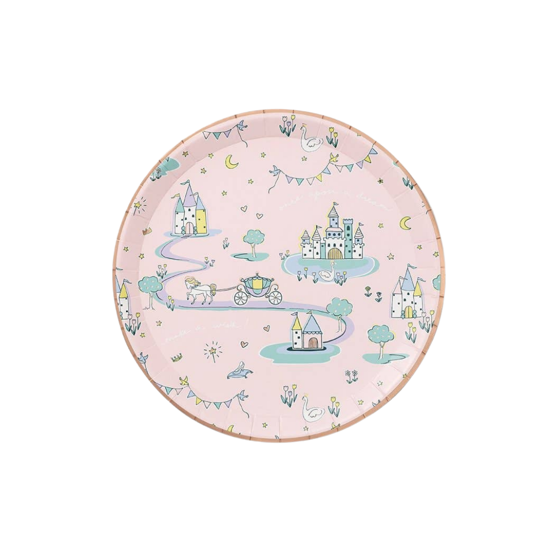 Fairytale princess paper party plate with castles and carriage illustration