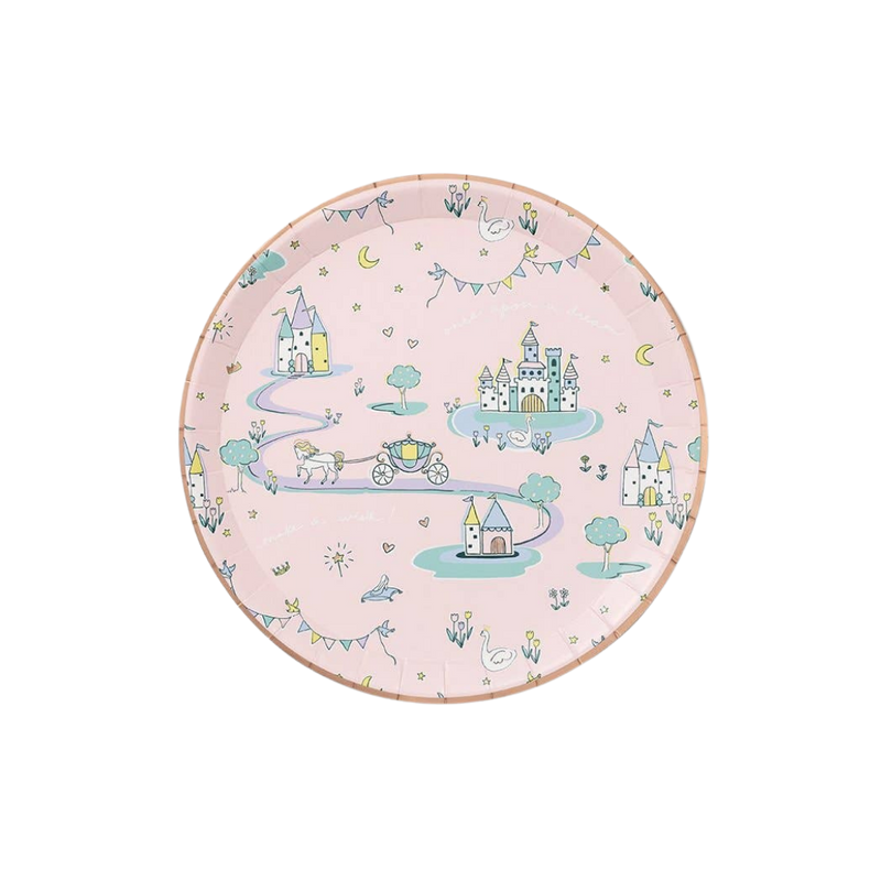 Fairytale princess paper party plate with castles and carriage illustration