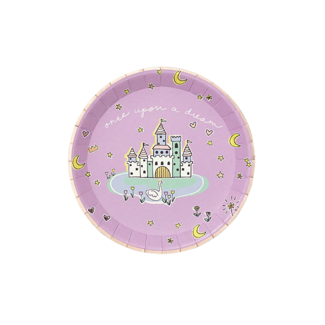 Fairytale small paper plate with castle illustration on purple background.