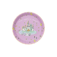 Fairytale small paper plate with castle illustration on purple background.