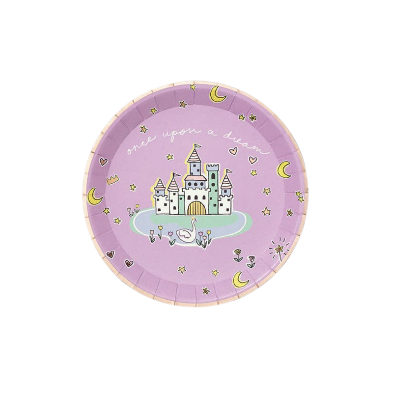 Fairytale small paper plate with castle illustration on purple background.