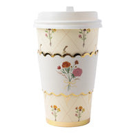 Fall floral coffee cup with a lid, cream with an autumn floral design, gold foil accents, and a gold wavy line, front view on white background.