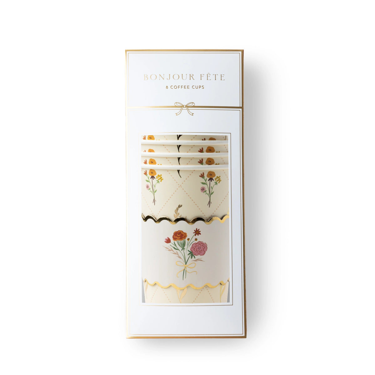 Front of the fall floral coffee cups packaging showing the cups and lids with a Bonjour Fête label.