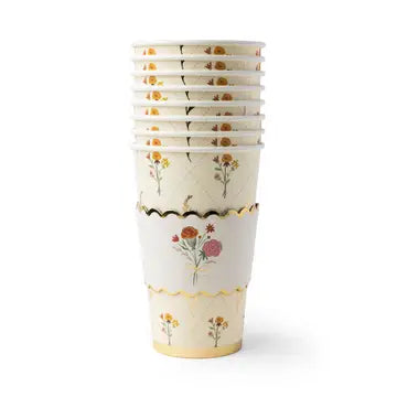 Stack of fall floral coffee cups showing the autumn floral pattern and gold foil accents from the side.