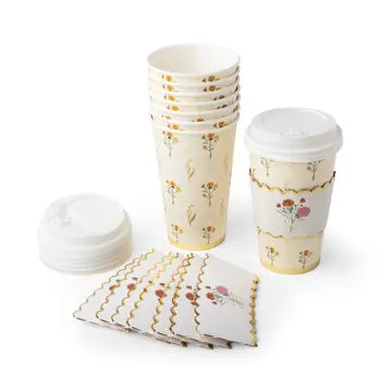 Fall floral coffee cups stacked with one upright cup, a lid, and folded floral pieces, showing the design and lids.