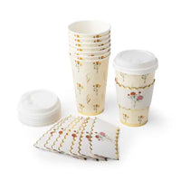 Fall floral coffee cups stacked with one upright cup, a lid, and folded floral pieces, showing the design and lids.